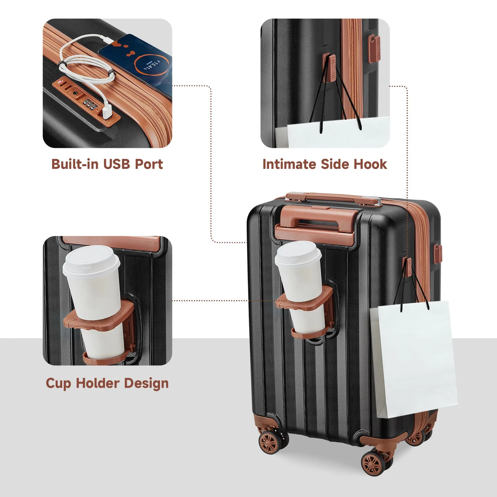 3 Pieces 18 INCH Carry On Luggage Set with Cup Holder and USB Port TR007 Plus