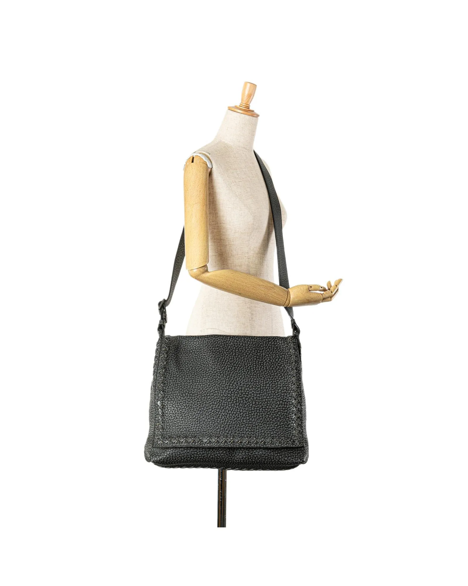 Calfskin Woven Leather Trim Crossbody with Magnetic Snap Closure