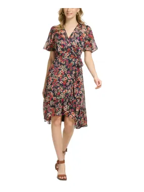 CALVIN KLEIN Womens Zippered Floral Flutter Sleeve Surplice Neckline Midi Wear To Work Faux Wrap Dress