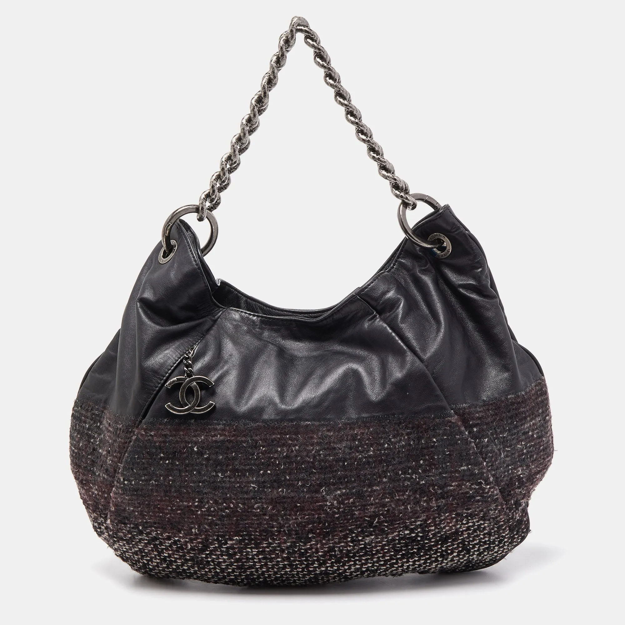 CHANEL Black Tweed and Leather Coco Pleats Hobo