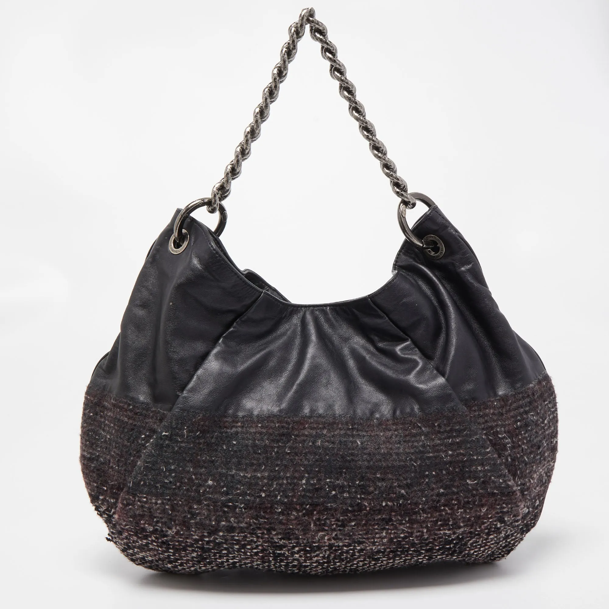 CHANEL Black Tweed and Leather Coco Pleats Hobo