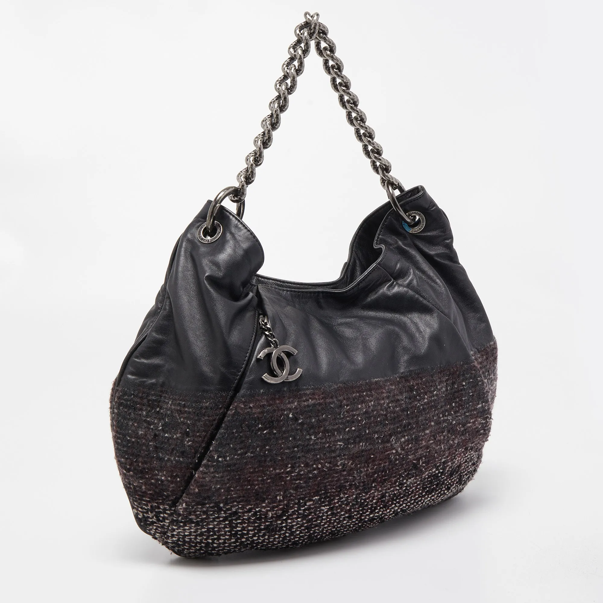 CHANEL Black Tweed and Leather Coco Pleats Hobo