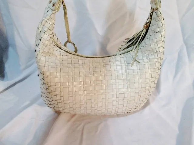 ELLIOTT LUCCA leather woven shoulder handbag purse hobo bag WHITE