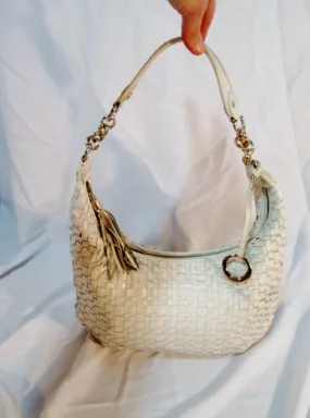 ELLIOTT LUCCA leather woven shoulder handbag purse hobo bag WHITE