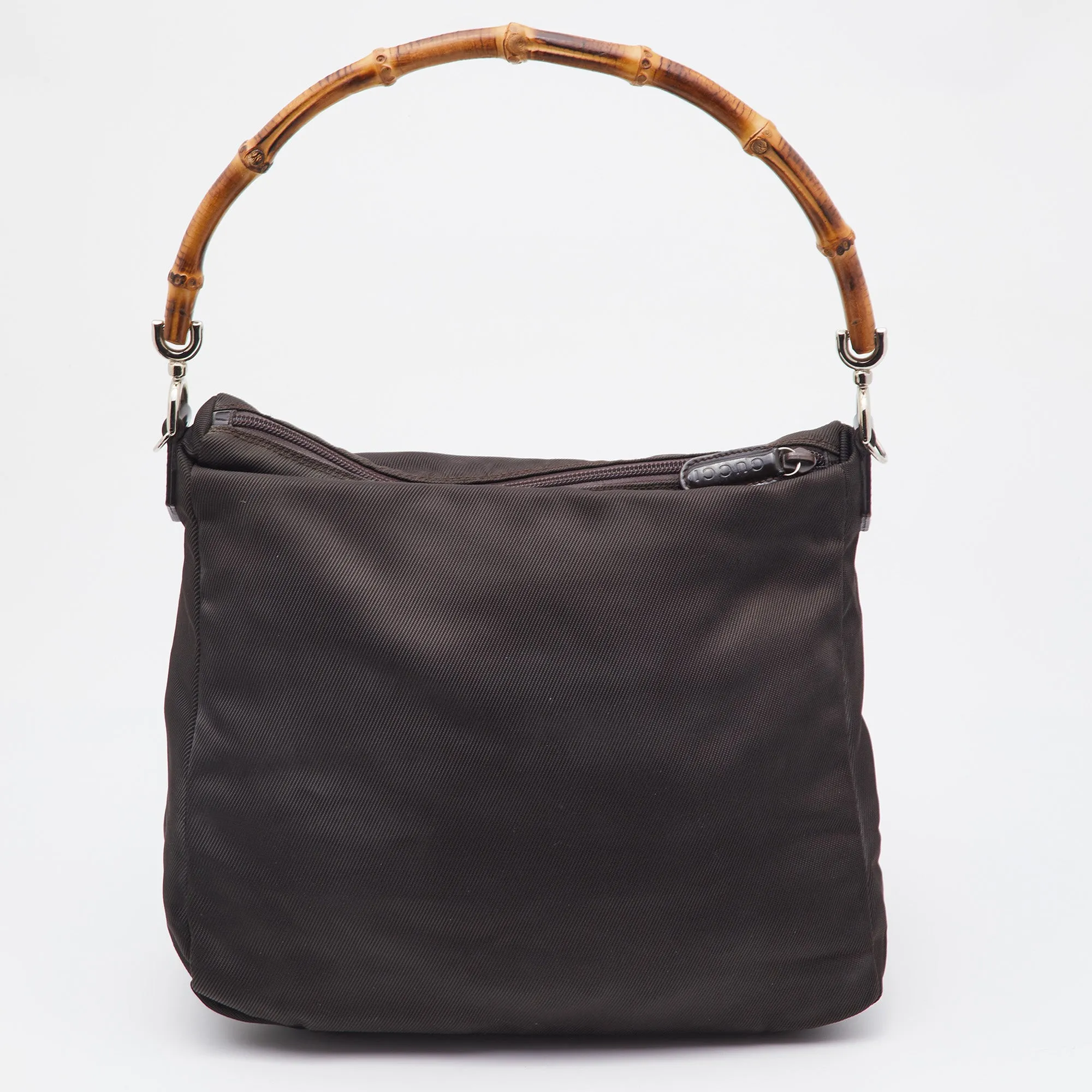 GUCCI Brown Nylon and Leather Bamboo Hobo