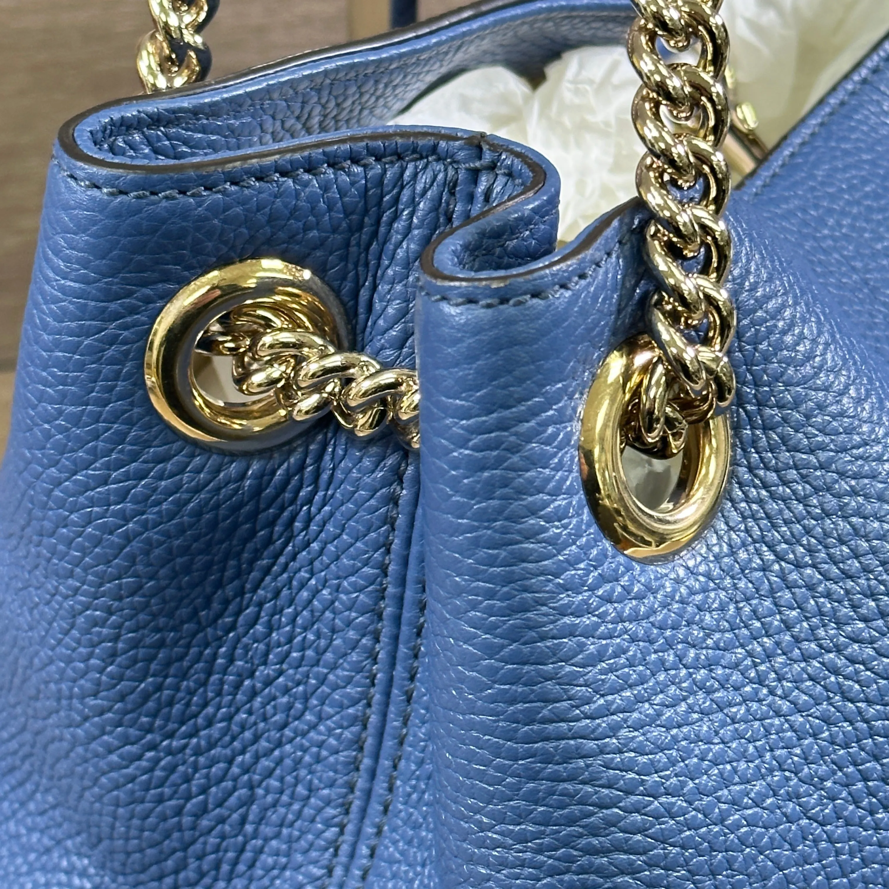 Gucci Soho Blue Caspian Gold Double Chain - Hobo Leather Shoulder Bag