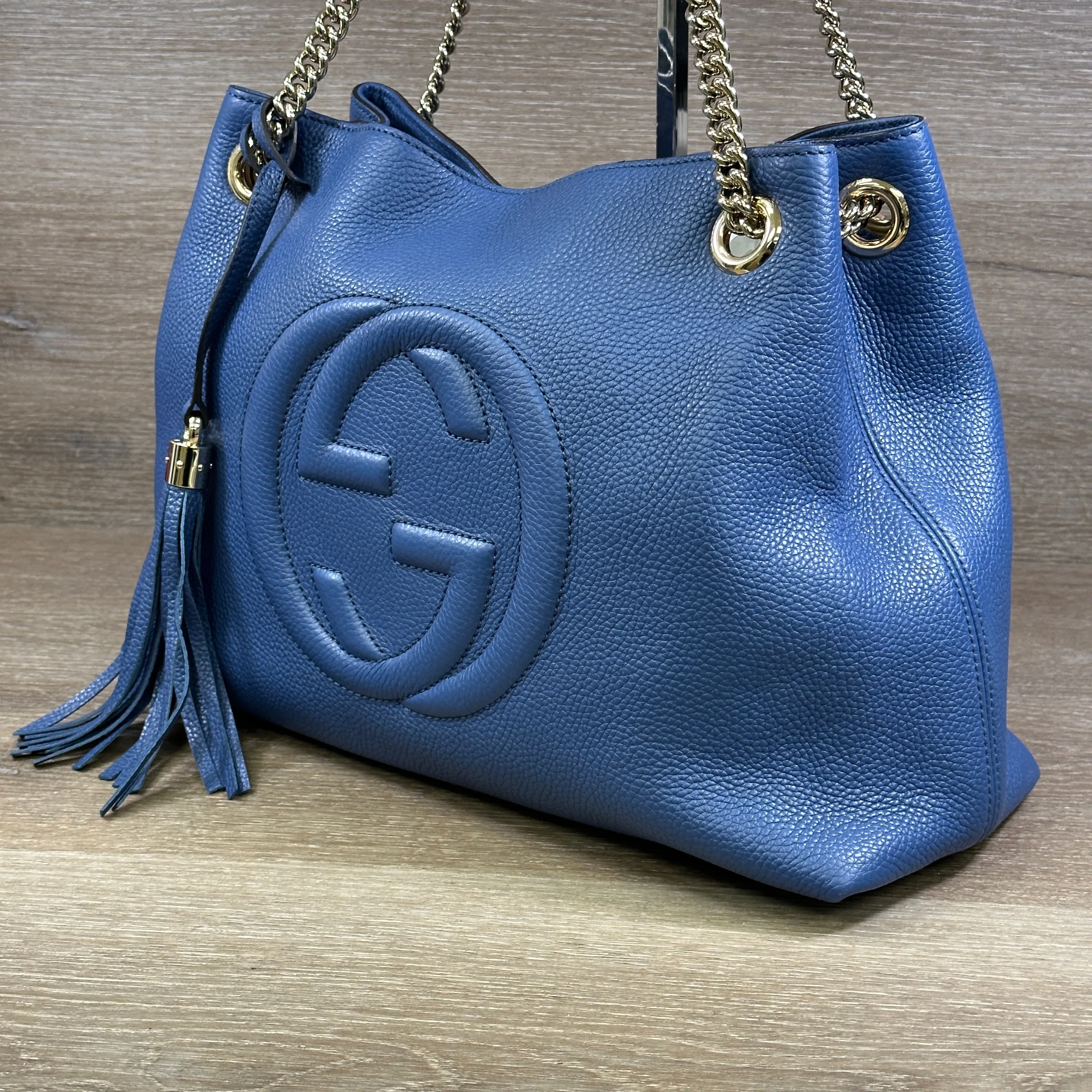 Gucci Soho Blue Caspian Gold Double Chain - Hobo Leather Shoulder Bag