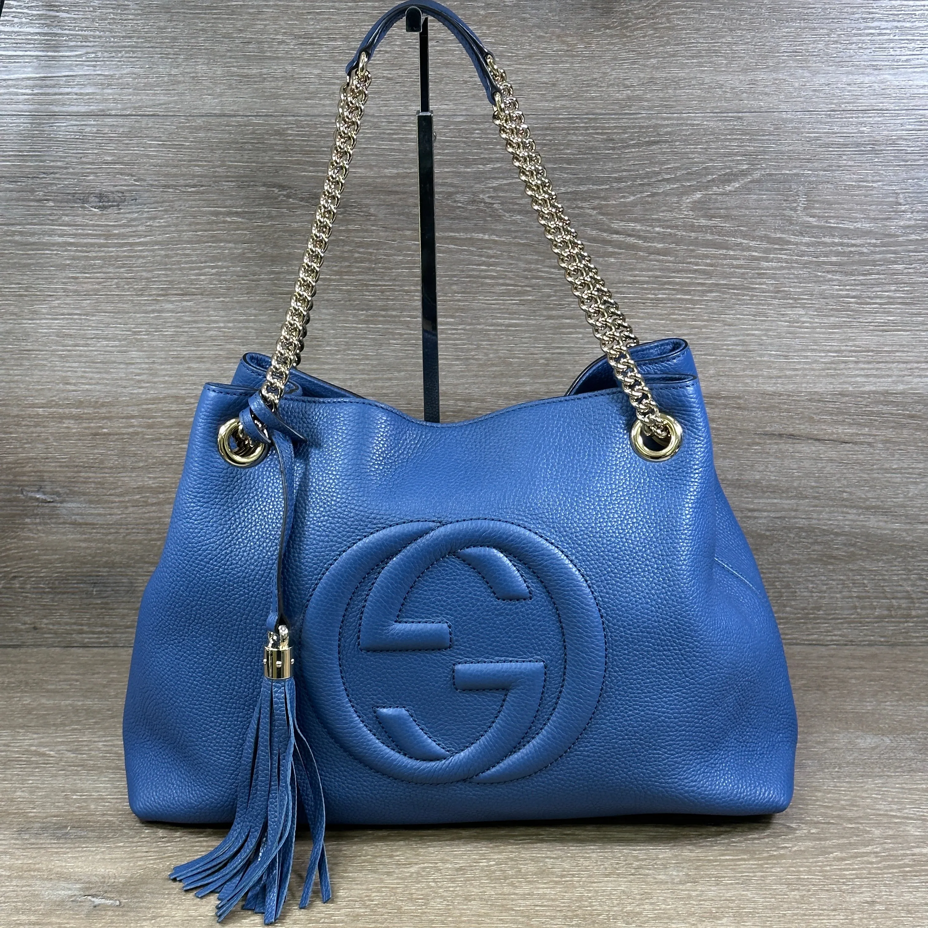 Gucci Soho Blue Caspian Gold Double Chain - Hobo Leather Shoulder Bag