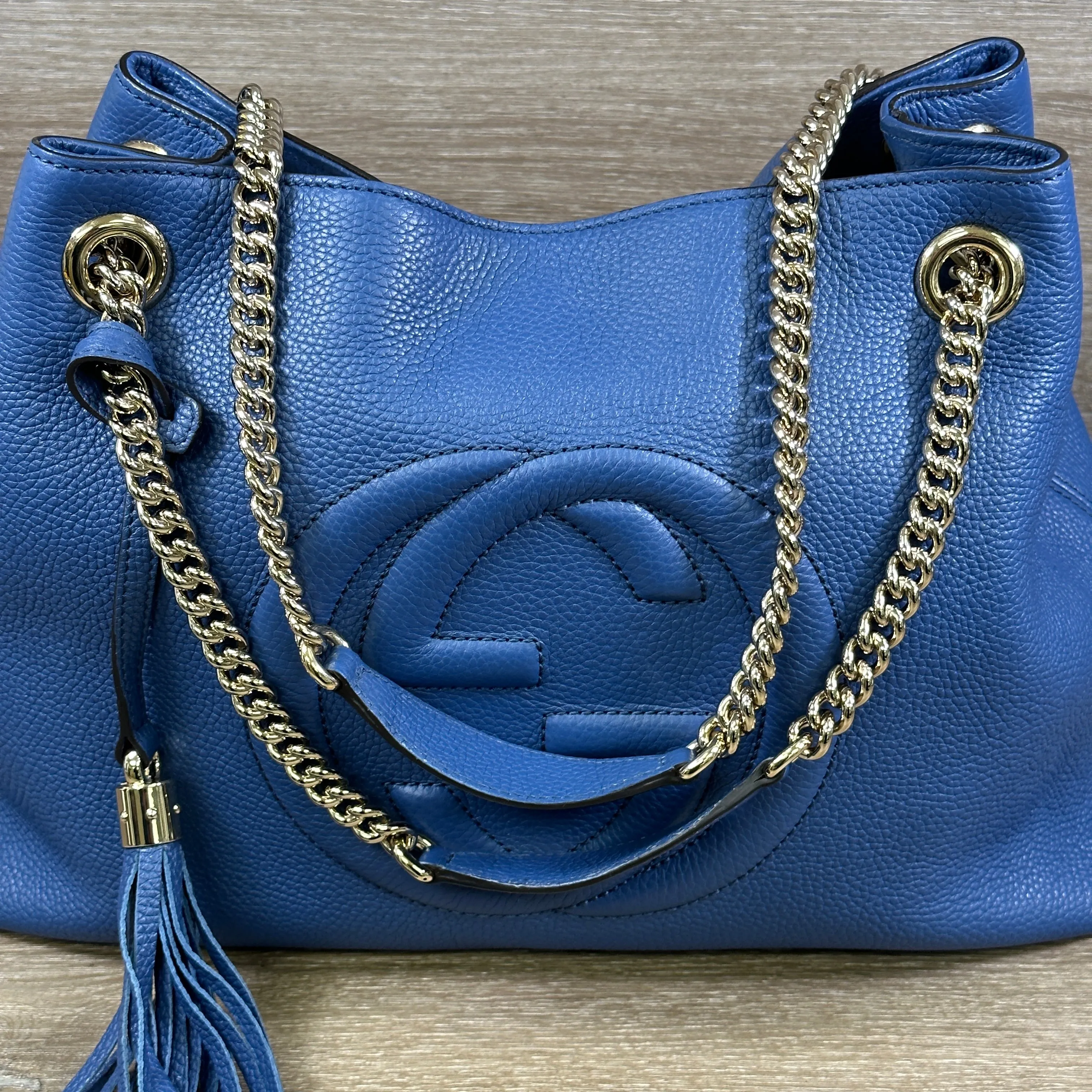 Gucci Soho Blue Caspian Gold Double Chain - Hobo Leather Shoulder Bag