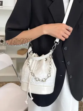 Hnewly - Minimalist Chain Decor Drawstring Bucket Bag  - Women Satchels