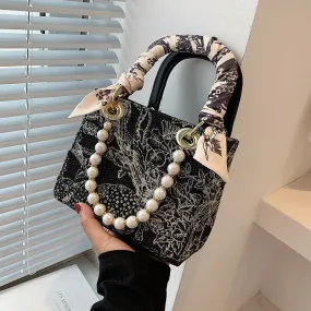 Mini Woven Crossbody Shoulder Bags with Short Handle 2021 Luxury Ladies Beading Top Handle Handbags Silk Scarf Designer Totes