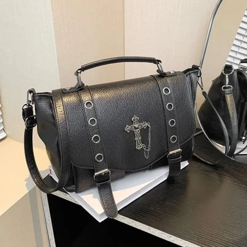 Retro Cross Black Messenger Gothic Dark Leather Casual Crossbody Shoulder Bag