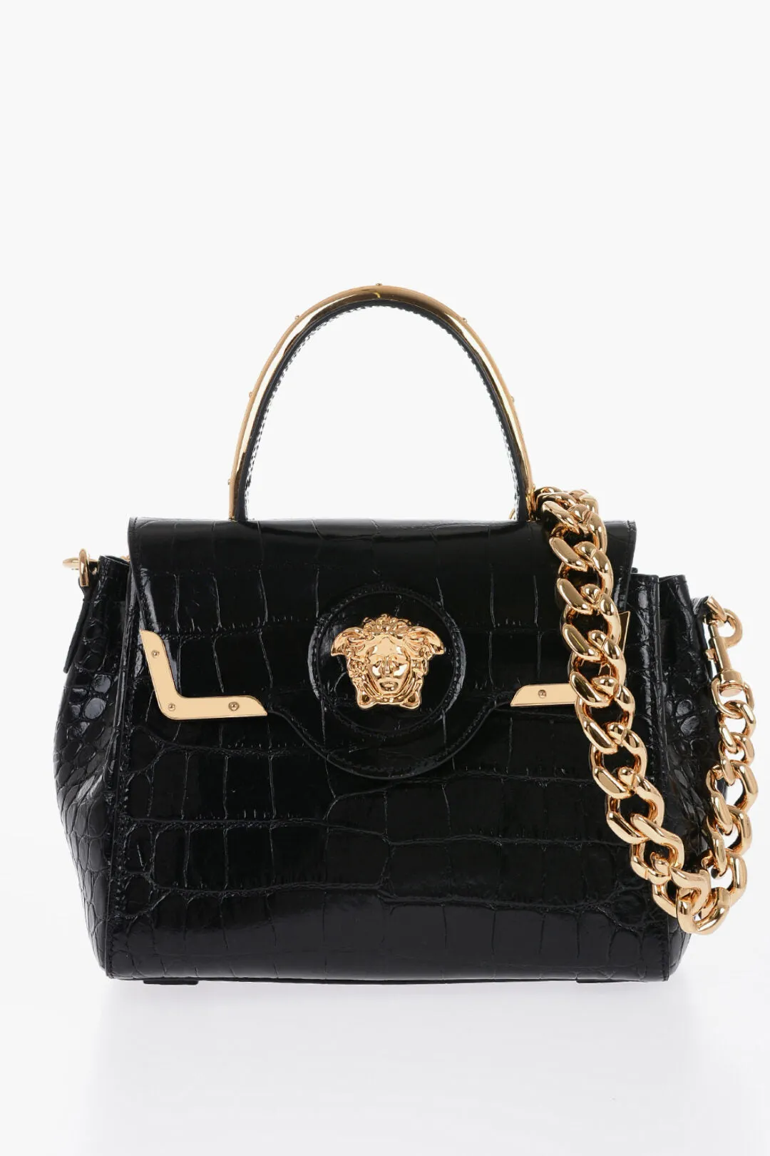 Versace Leather Croco-Effect LA MEDUSA Bag with Metallic Application