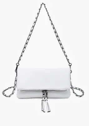 White Studded Chainlink Faux Leather Crossbody Handbag